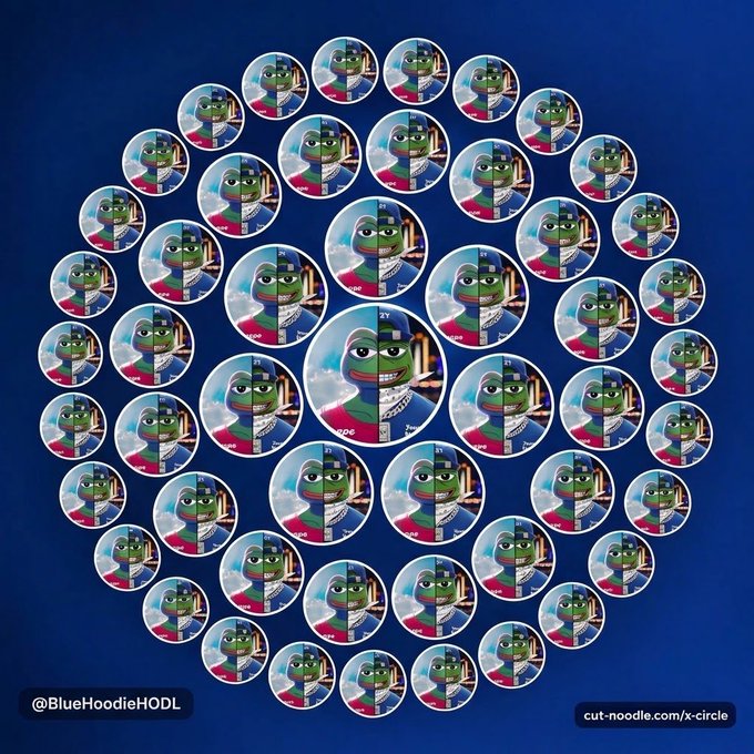 A circular mosaic of Pepe the Frog tokens, featuring a larger central token surrounded by smaller ones, is credited to @BlueHoodieHODL with a watermark 'cut-noodle.com/x-circle'.