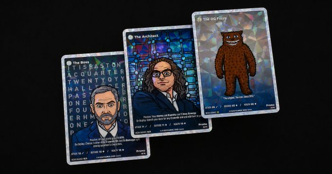 Three limited-edition promo cards from Fuzzy Genesis are fanned out on a dark background, showcasing "The Boss" (Brad), "The Architect" (David), and "OG Fuzzy," each labeled as First Edition with edition numbers #252/333, #252/333, and #28/589 respectively, matching the post's emphasis on their rarity.