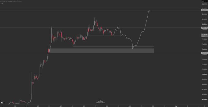 A candlestick chart of BTC/USD on Bitstamp (BITSTAMP) displays Bitcoin's price action around the 79,000–81,800 range, with a shaded demand zone marked near 75,984–76,900, illustrating the trader's planned bid area and consolidation expectations mentioned in the post.