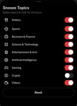 A mobile app screen titled 'Snooze Topics' allowing users to hide topics for 24 hours, with toggles for Politics, Sports, Business & Finance, Science & Technology, Entertainment & Arts, Artificial Intelligence, Gaming, Crypto, and Videos, plus a Reset button.