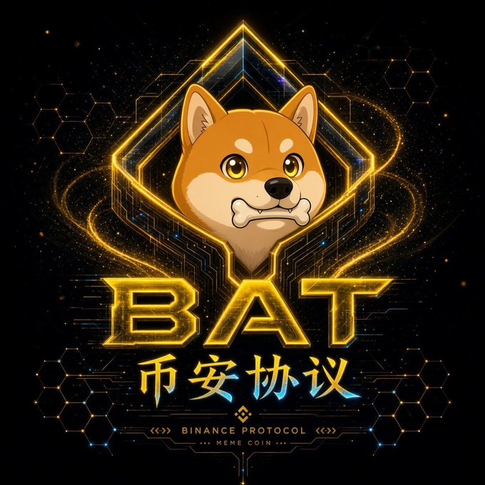 A digital logo featuring a Shiba Inu dog head inside a glowing gold hexagon with the text 'BAT' and Chinese characters '币安协议' (Binance Protocol) below.