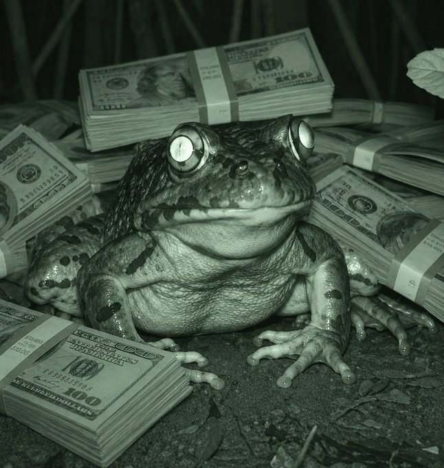 A green frog with prominent bulging eyes sits among stacks of bundled hundred-dollar bills on the ground in a stylized monochrome-green image.