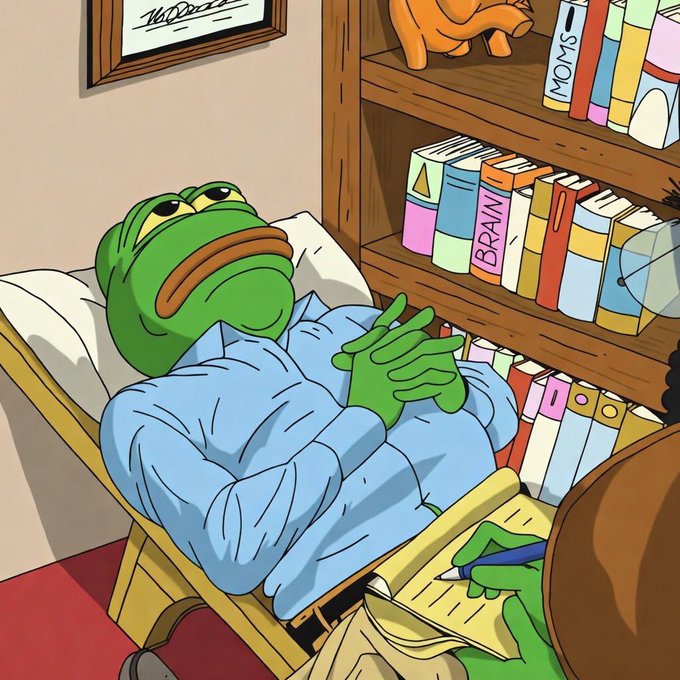 An illustration of a green frog character wearing a blue shirt, reclining in a yellow chair with its arms crossed, holding a pen over a notepad, positioned next to a bookshelf labeled "BRAIN" and "MOMS."
