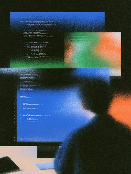 An artistic, grainy image showing a blurred silhouette of a person looking at two computer monitors displaying lines of code, with colorful light flares in green, orange, and blue adding a moody, tech-focused atmosphere.