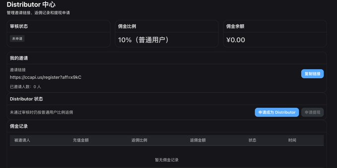 The image shows a screenshot of a webpage with Chinese characters, specifically a distribution screen for a company named "CC Relay Station". The text displayed on the screen indicates that the website has undergone an upgrade, as indicated by the phrase "CC Relay Station has undergone a comprehensive upgrade New domain: ccapi.us Old domain will automatically redirect to the new domain Users currently using API KEY need to update base_url= ccapi.us". The image also includes a button labeled "Distribution" and a button labeled "YO", which could be used for navigating through different sections of the website or making purchases, respectively.