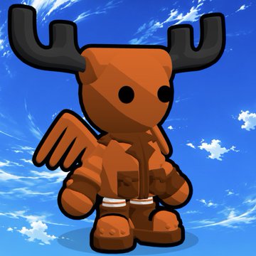 A 3D-rendered character resembling a wooden moose or deer figure with antlers, wings, and glowing red eyes, standing against a blue sky.