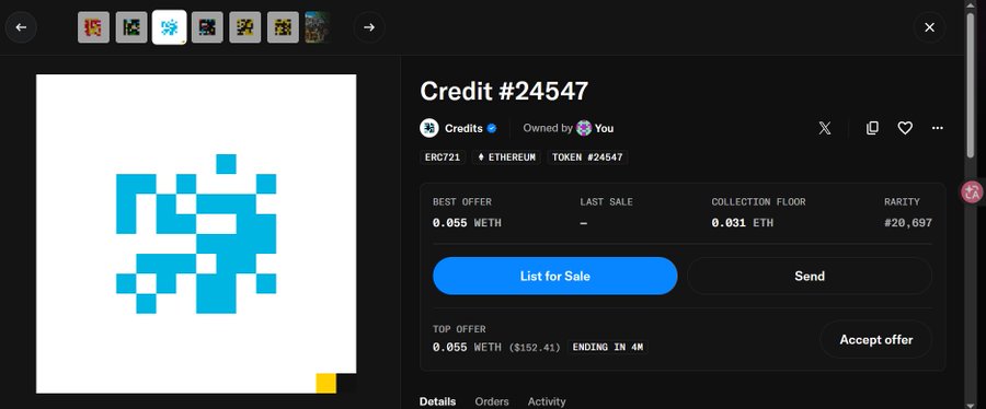 An OpenSea NFT marketplace listing for 'Credit #24547' showing a blue pixel-art figure valued at a best offer of 0.055 WETH on the Ethereum network.
