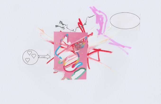 The image features a white background with various drawings, including a pink circle, red lines, and other shapes. The text "Triplo" can be seen in the image as well. The post appears to be about an artist's work or a discussion on art-related topics.