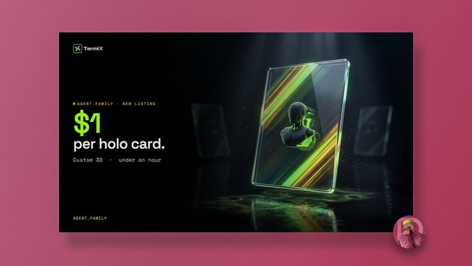 A promotional graphic for TernX featuring a holographic card display with the text "$1 per holo card" and "Custom 3D · under an hour" against a dark background.