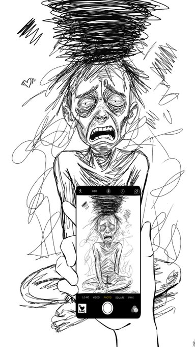 A frantic black-and-white sketch depicts a gaunt, exhausted figure with a tangled scribble of hair, crying while being viewed through a smartphone camera screen. The phone's camera interface displays shutter settings including "HDR," "SLOW," "SLOW SHUTTER," "SQUARE," and "PANO," with a smaller reproduction of the same distressed figure visible on the screen—visually echoing the post's theme of "documenting the burnout" through artistic self-reflection.