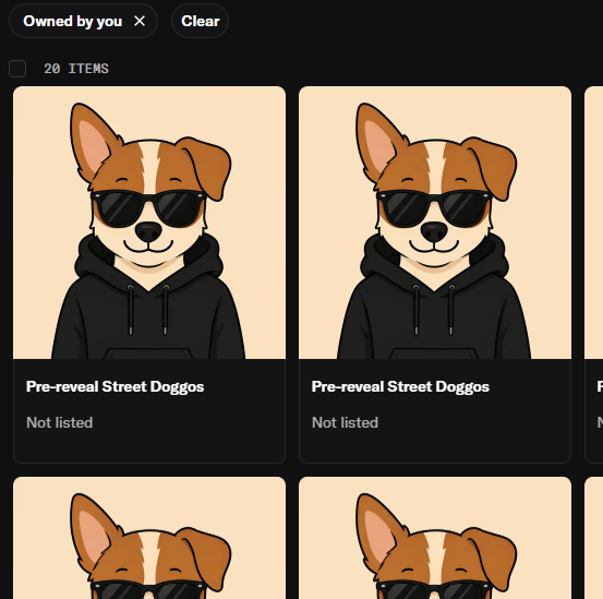 A digital marketplace interface displays multiple identical cartoon dog avatars wearing sunglasses and black hoodies, labeled 'Pre-reveal Street Doggos' with 'Not listed' status.