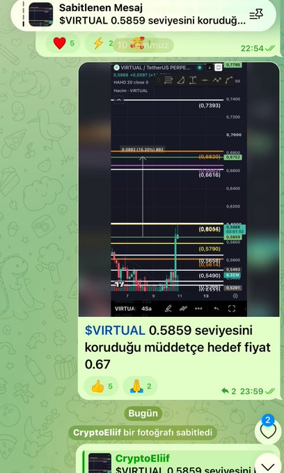 A trading chart screenshot shows $VIRTUAL/USDT perpetual on Binance at 0.5859, with various Fibonacci-style levels (0.7933, 0.6829/0.6787, 0.6616, 0.6089/0.6029, 0.5790, 0.5510/0.5493, 0.5400) and a caption stating "$VIRTUAL 0.5859 seviyesini koruduğu müddetçe hedef fiyat 0.67", indicating the 0.5859 support must hold for a target of 0.67—directly addressing the channel's question about heading toward the target.