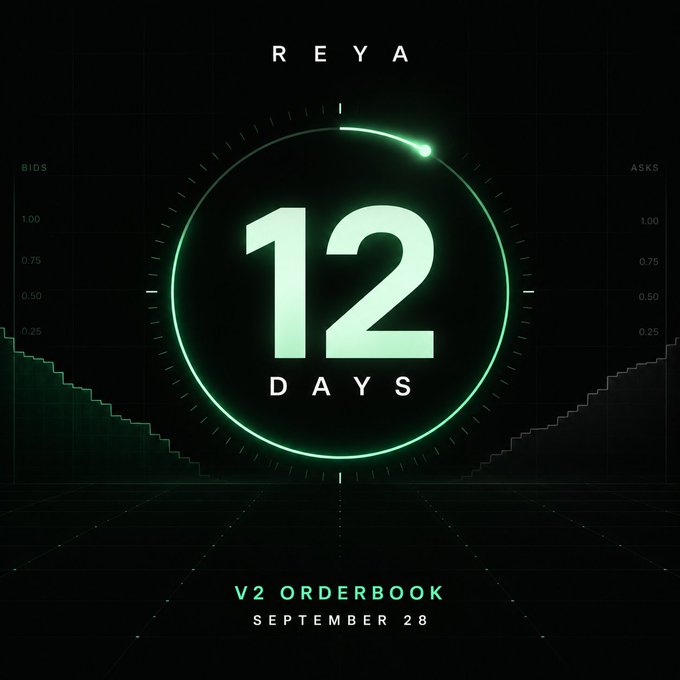 A digital promotional graphic with the text 'REYA', '12 DAYS', and 'V2 ORDERBOOK SEPTEMBER 28' displayed in a green neon circular timer design.