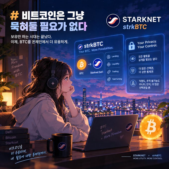 An anime-style promotional graphic for STARKNET strkBTC shows a girl looking at a laptop displaying the Bitcoin to Starknet DeFi conversion, with text in Korean and English promoting BTC utility on Starknet.