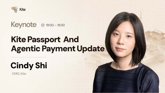 Keynote announcement graphic for 'Kite Passport And Agentic Payment Update' by Cindy Shi, CMO of Kite, scheduled 19:00–19:30, featuring a headshot of Shi against a textured beige background.
