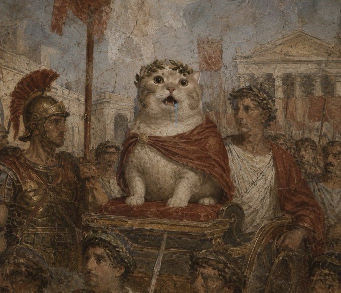 A classical Roman-style painting featuring a fluffy white cat with a drooling expression dressed in a red toga and laurel wreath, sitting on a throne between a Roman soldier and a nobleman.