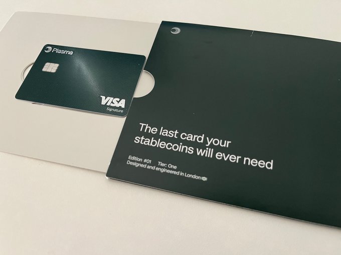 A Plasma Visa Signature debit card displayed alongside its packaging, with text reading 'The last card your stablecoins will ever need' and 'Edition #01 Tier: One. Designed and engineered in London.'