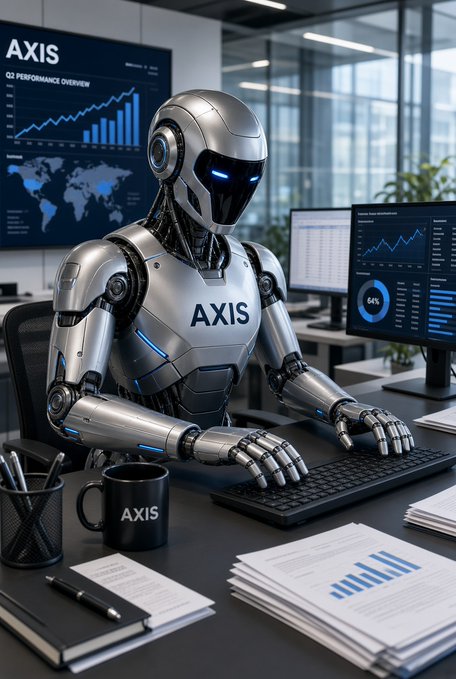 A humanoid robot labeled "AXIS" sits at an office desk working on a keyboard, with data screens displaying "Q2 PERFORMANCE OVERVIEW" and a world map in the background.
