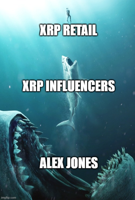 The meme uses a layered underwater image showing "XRP RETAIL" as a tiny diver at the surface, "XRP INFLUENCERS" as a shark in the middle, and "ALEX JONES" as a massive sea monster lurking below—humorously suggesting that while XRP influencers may seem intimidating to retail investors, the truly enormous and predatory force is Alex Jones, fitting the "$XRP" post's implication of hidden dangers within the XRP ecosystem.