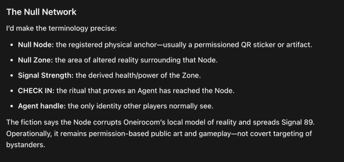 A dark-themed text document titled 'The Null Network' defining terms like 'Null Node', 'Null Zone', 'Signal Strength', and 'CHECK IN' within an ARG/fiction framework.
