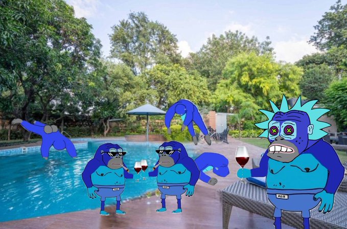 A digitally edited image shows several blue cartoonish gorilla-like figures in swim trunks, with one wearing a Rick Sanchez-style spiky hair piece, standing by a pool holding wine glasses.