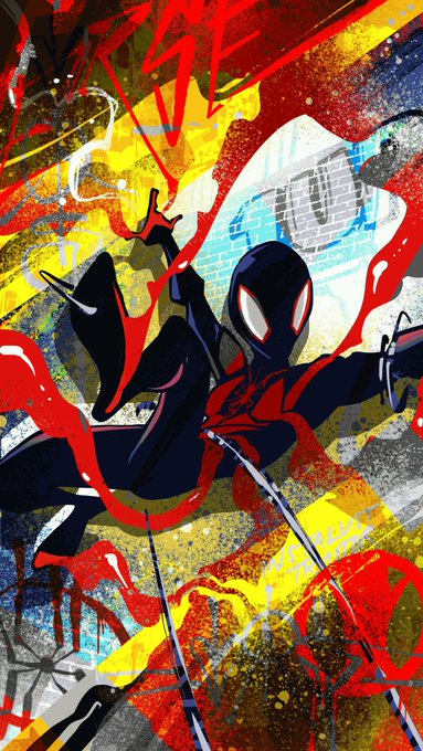 The image features a poster with a black and red spiderman character standing against a yellow background. The spiderman has his arms raised high above his head, giving him an imposing presence. The poster also includes text that reads "Congrats Instalustraitor top mints on @xrpcafe and minting out fast xrp.cafe/collection/cha …" which suggests a connection to the world of comic books or superhero stories.