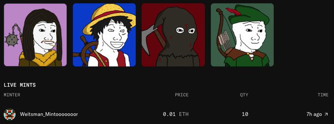 A digital marketplace interface titled 'LIVE MINTS' displaying four illustrated character avatars on a black background, with one listing showing 'Weltzman_Mintooooooor' priced at 0.01 ETH for a quantity of 10, posted 7h ago.