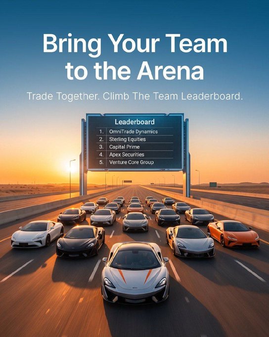 A promotional graphic titled 'Bring Your Team to the Arena' with the tagline 'Trade Together. Climb The Team Leaderboard,' featuring a fleet of sports cars on a highway beneath a leaderboard listing teams like OmniTrade Dynamics, Sterling Equities, Capital Prime, Apex Securities, and Venture Core Group.