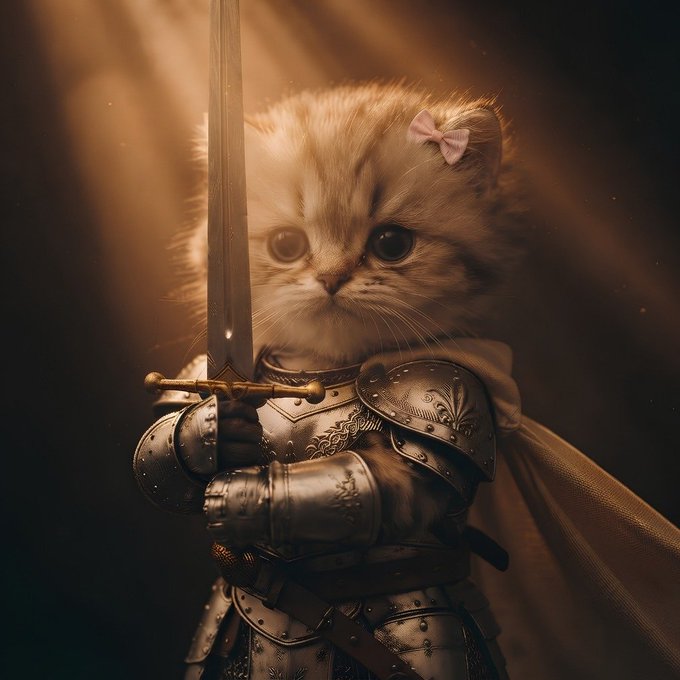 A digital illustration of a fluffy kitten wearing ornate medieval armor and a pink bow, holding a sword under dramatic lighting.