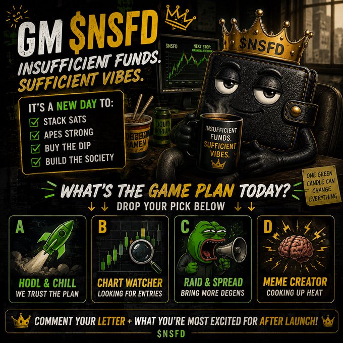 A crypto-themed graphic titled 'GM $NSFD - Insufficient Funds. Sufficient Vibes' features a cartoon wallet wearing a crown and holding a mug, with a checklist ('Stack Sats, Apes Strong, Buy the Dip, Build the Society') and four multiple-choice options (A: HODL & Chill, B: Chart Watcher, C: Raid & Spread, D: Meme Creator).