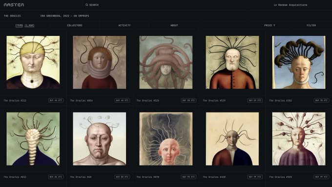 A webpage for an exhibition titled 'THE ORACLES - INA GREENWBERG, 2022 - ON EXPOZE,' displaying a grid of surreal, portrait-style paintings depicting figures with strange, tentacle-like or horned heads.