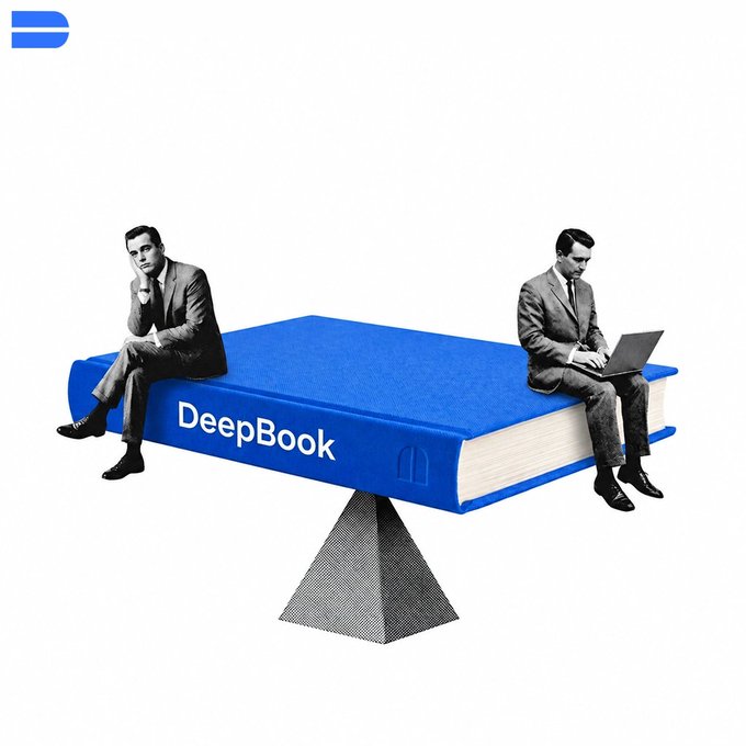 A promotional graphic features two businessmen in suits sitting on opposite ends of a giant blue book labeled 'DeepBook' that balances on a pyramid.