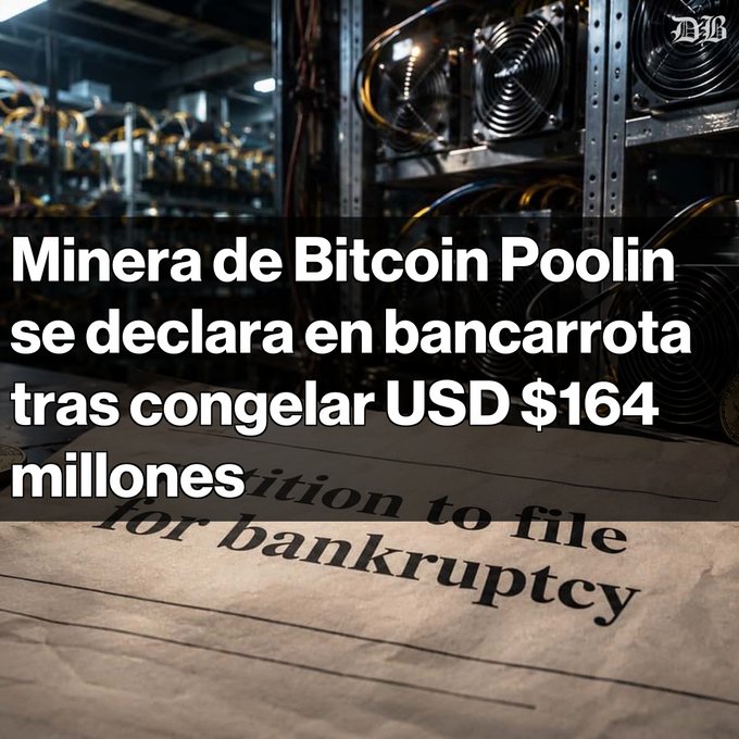 A news graphic with Spanish text "Minera de Bitcoin Poolin se declara en bancarrota tras congelar USD $164 millones" over a background of mining equipment and a document reading "petition to file for bankruptcy", with an "NH" logo in the corner.
