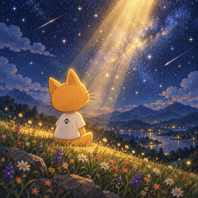 An illustration of an orange cat wearing a white t-shirt with a crypto symbol, sitting in a flower field at night, looking at a starry sky with shooting stars and a beam of golden light.