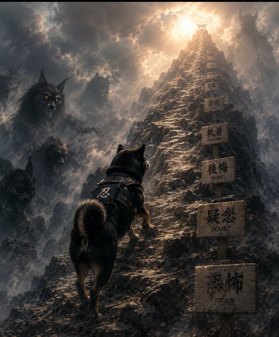 A dramatic artwork shows a dog climbing a rocky mountain path, with warning signs labeled "FEAR", "DOUBT", "REGRET", "STAGNATION", and "EGO", while dark monstrous creatures lurk in the fog behind it.