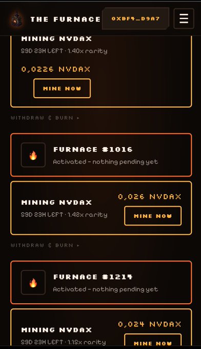 Mobile screenshot of 'THE FURNACE' app interface showing mining sections labeled "MINING NVDAX" and "FURNACE #1016" with options to withdraw or mine tokens like "0.0226 NVDAX".