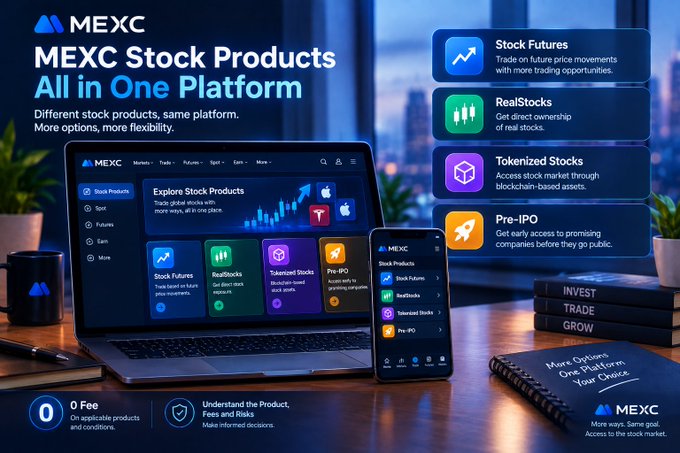 A promotional banner for MEXC exchange advertising 'MEXC Stock Products All in One Platform,' with a laptop and phone displaying the interface and highlighting features like Stock Futures, RealStocks, Tokenized Stocks, and Pre-IPO.