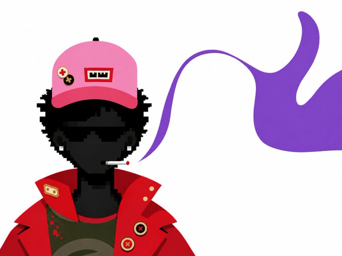 A pixel art illustration of a character wearing a pink cap and red jacket smoking a cigarette, with purple smoke trailing to the right.