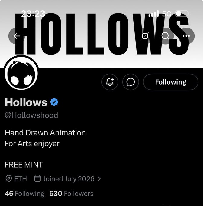 A Twitter/X profile for 'Hollows' (@HollowshooD) promoting Hand Drawn Animation with 630 followers and noting 'FREE MINT' on ETH.