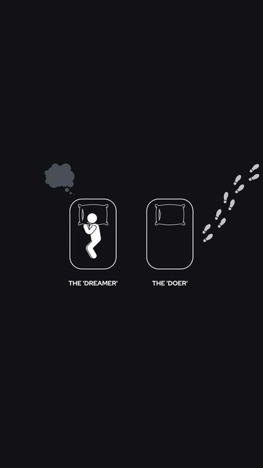 A dark minimalist illustration contrasts two beds labeled "THE 'DREAMER'" and "THE 'DOER'" — the first shows a figure sleeping with a thought cloud, while the second shows an empty bed with footprints walking away, visually reinforcing the post's message that web3 rewards action ("DoersWin") over intention.