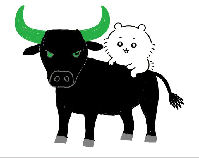 A simple cartoon drawing of a black bull with green horns and hooves, with a small white bear-like creature resting on its back.