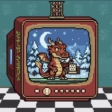 The image features a red television set with a cartoon character, likely a dragon or a knight, sitting on top of it. The character appears to be holding a lantern, which adds an element of mystery to the scene. The background of the image is blue, and there are snowflakes scattered throughout, giving the impression that the setting might be a wintery location. The post also mentions "We Are Web3", possibly referring to a website or social media platform related to the content displayed on the television set.