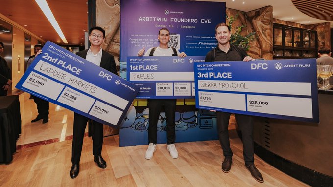 Three men hold large ceremonial checks at the 'ARBITRUM FOUNDERS EVENT' DFC Pitch Competition: Fables (1st Place, $10,000), Ladder Markets (2nd Place, $3,388), and Serra Protocol (3rd Place, $1,194).
