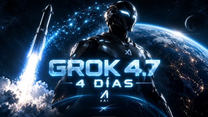 A futuristic sci-fi promotional image for 'GROK 4.7' showing a robot/cyborg with glowing blue eyes standing before Earth from space and a launching rocket, with XAI branding and '4 DIAS' text.