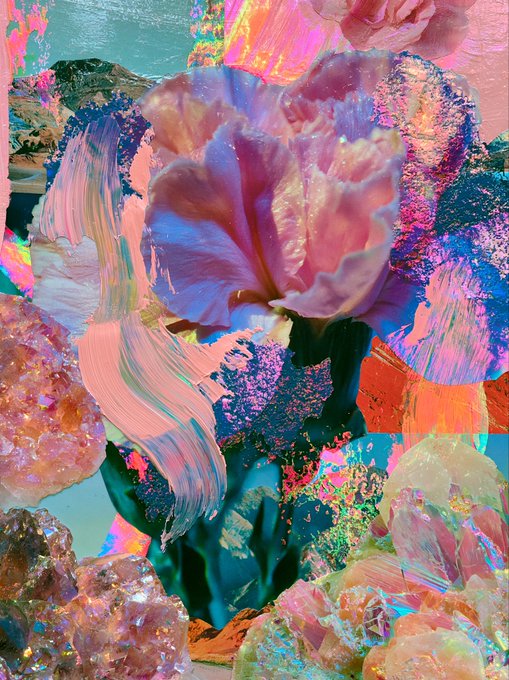 A vibrant, surrealistic digital artwork depicting a pink flower surrounded by colorful brushstrokes, crystals, and rocky textures in shades of pink, blue, and teal.