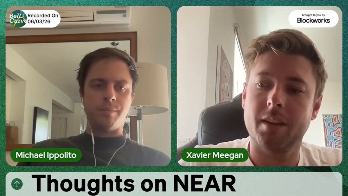 The image shows two men sitting next to each other, with a green background that reads "Thoughts on NEAR" above them. The text below their heads says "Michael Ippolito", while another man's name is also displayed in the same space.