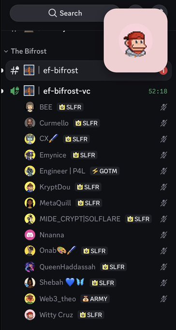A Discord server sidebar screenshot showing 'The Bifrost' with channels #ef-bifrost and #ef-bifrost-vc, displaying a voice channel with members like BEE, Curmello, CX, and others.