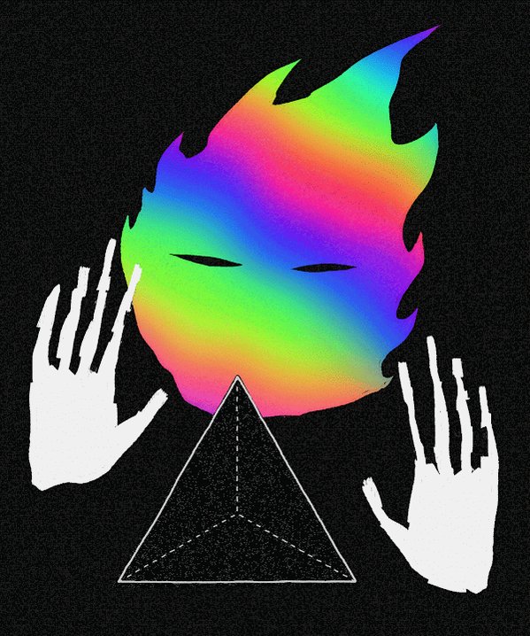 The image features a graphic design that depicts a black background, with a tri-colored flame appearing against this backdrop. The flame, representing fire, has a triangular shape situated in the middle of the image. In front of the flame, there are hands holding up, adding a sense of depth to the scene and conveying a powerful energy emanating from the triangle. The combination of the flame's multicolored appearance and the hands' upward gesture evokes a sense of movement or passion within the design.