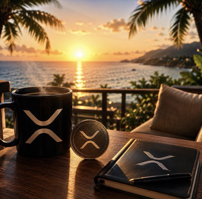 A lifestyle product image showing a black coffee mug, XRP-branded coin, and black leather notebook with the XRP logo on a wooden table, set against a tropical beach sunset background.