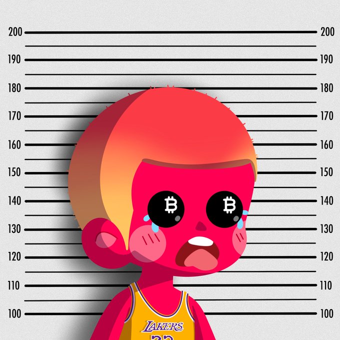 A meme-style illustration of a distressed cartoon character in a Lakers jersey with Bitcoin logos for eyes, standing against a height chart background.